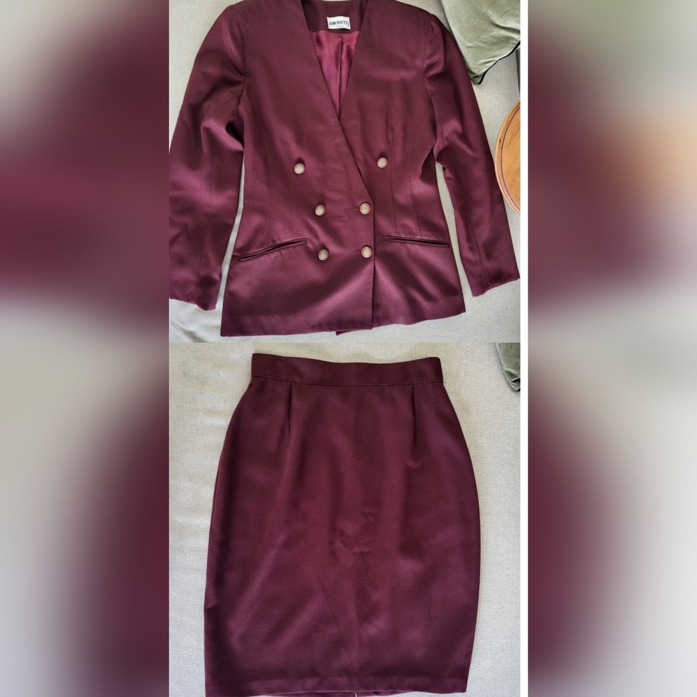 Amoretti Canadian-Made Burgundy Blazer & Skirt Suit Set Size 7 Vintage